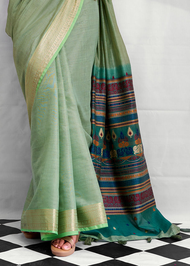 Mist Green Woven Linen Cotton Silk Saree