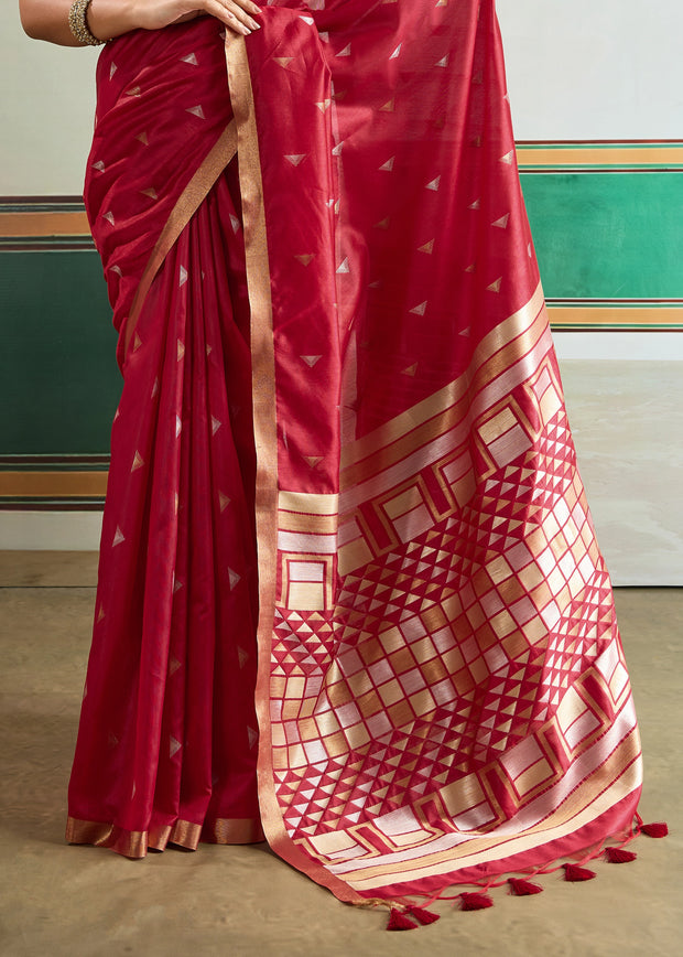 Flame Red Woven Tussar Silk Saree