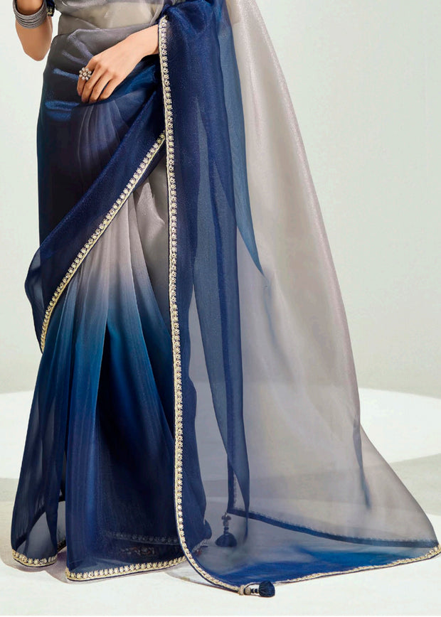 Midnight Blue Ombre Designer Tissue Saree With Embroidered Blouse