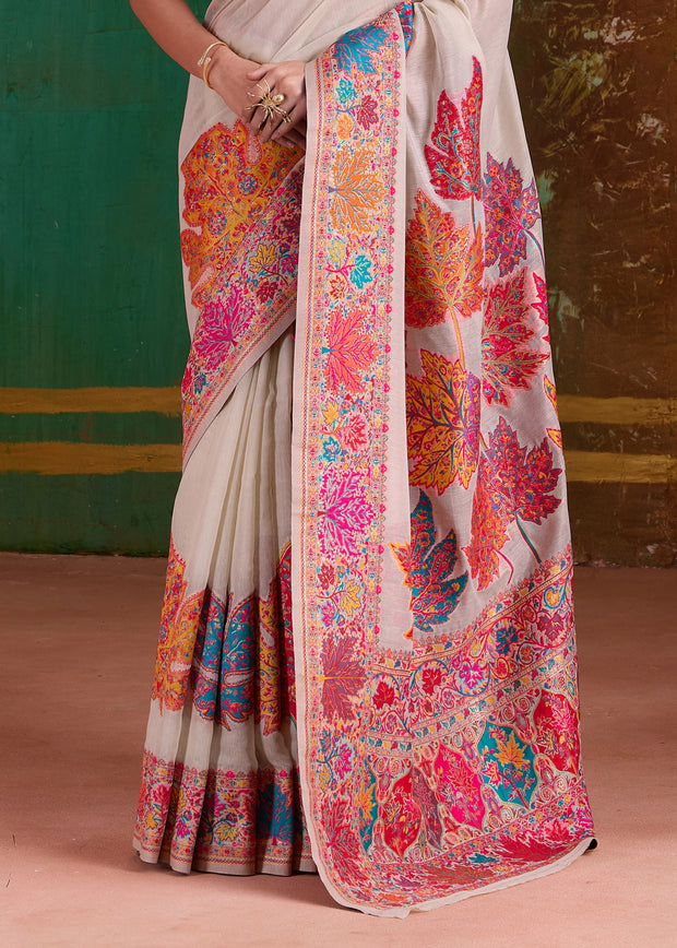 Desert White Woven Cotton Kashmiri Jamewar Saree