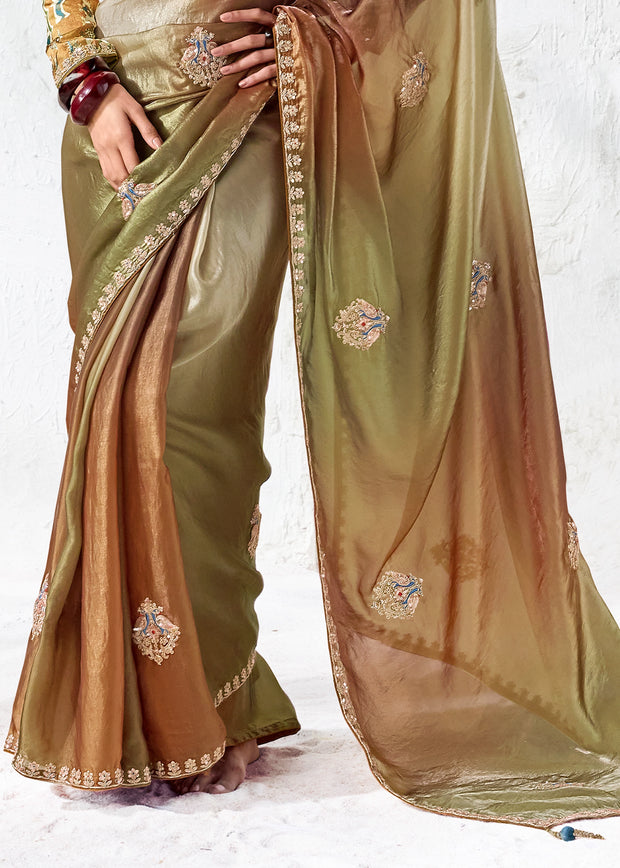 Brown And Green Designer Organza Silk Saree With Printed Blouse