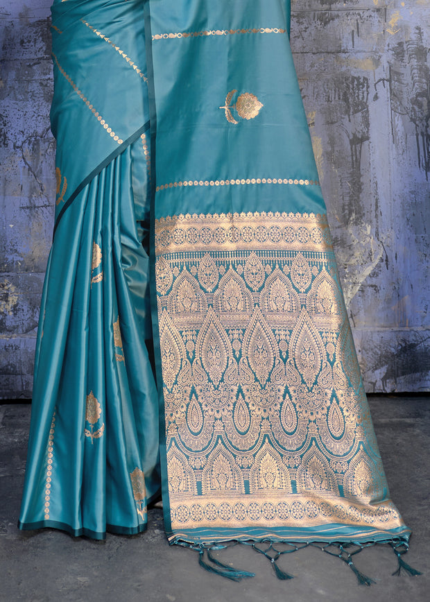 River Blue Woven Banarasi Satin Silk Saree