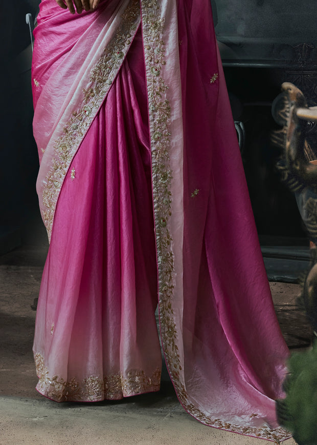 Magenta Pink Embroidered Designer Saree