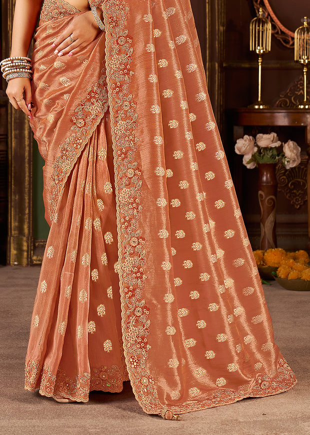 Apricot Orange Embroidered Tissue Designer Saree