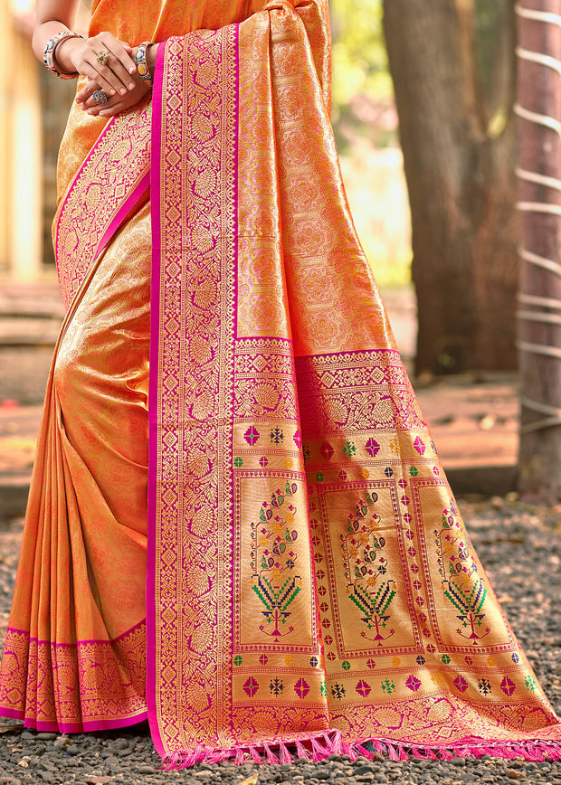 Flame Orange Woven Kanjivaram Silk Saree
