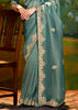 Storm Blue Heavy Embroidered Designer Silk Saree With contrast Blouse