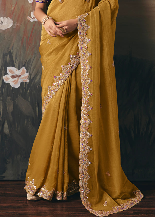 Mustard Yellow Tissue Embroidered Wedding Wear Saree