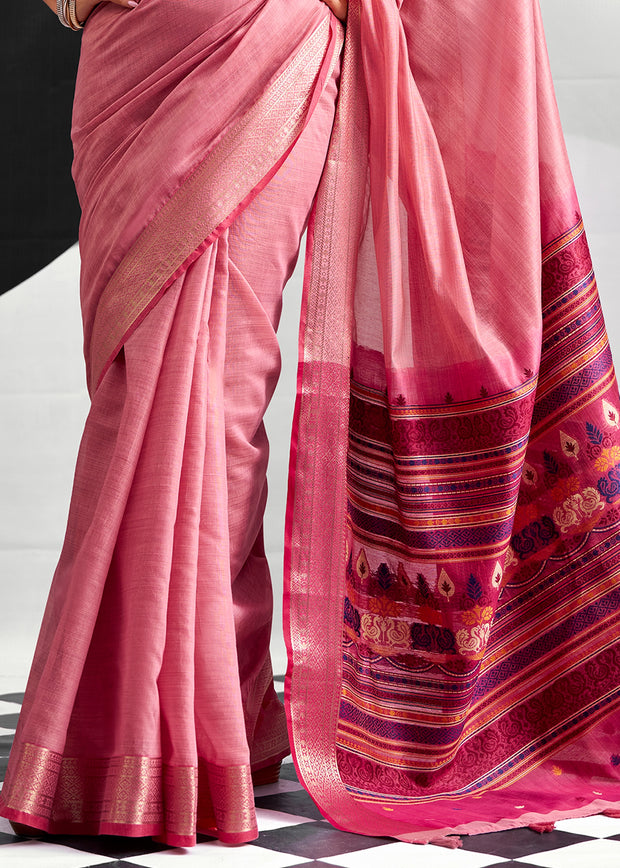 Flamingo Pink Woven Linen Cotton Silk Saree