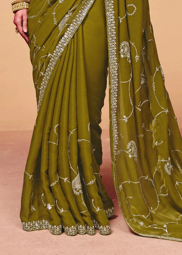 Olive Green Embroidered Designer Tissue Saree