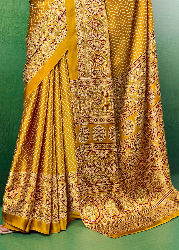 Golden Yellow Printed Satin Silk Saree