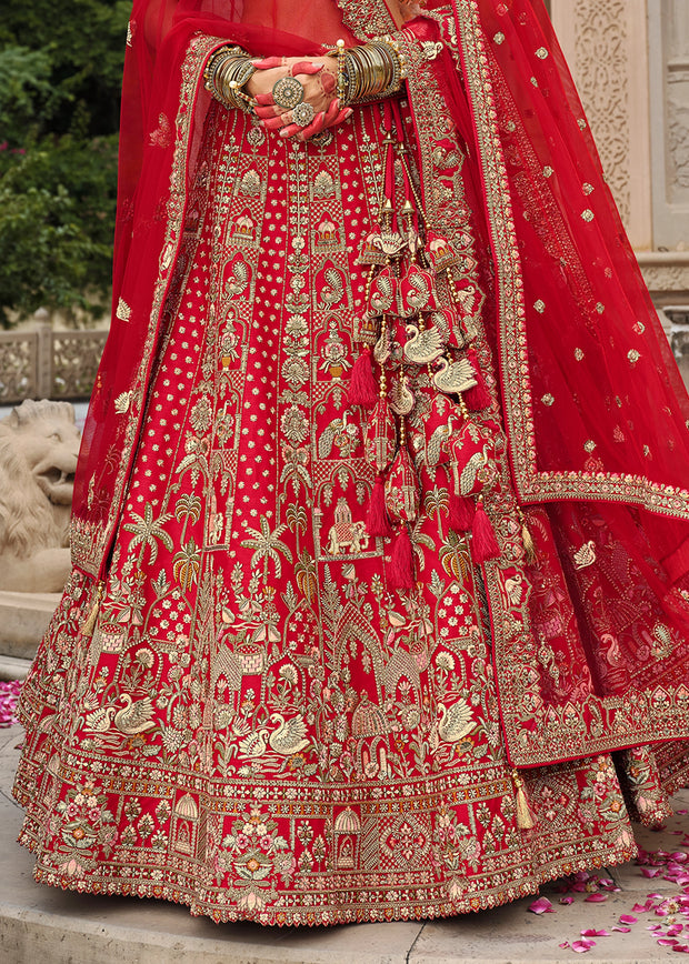 Scarlet Red Heavy Embroidered Designer Lehenga