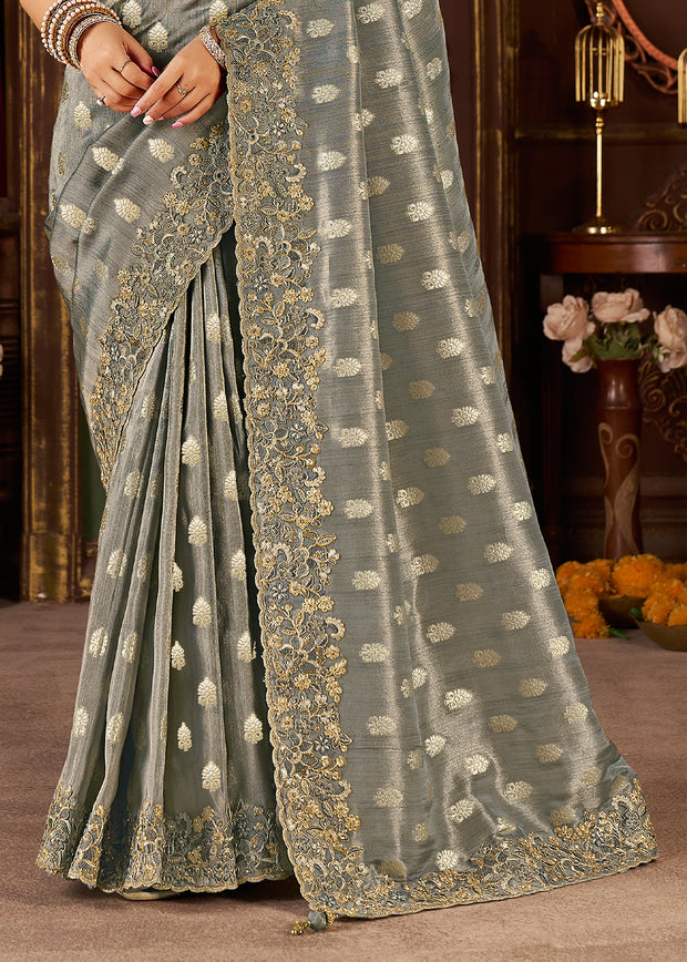 Fossil Grey Embroidered Tissue Designer Saree