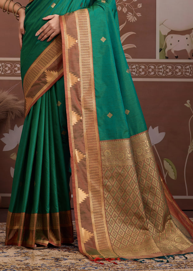 Hunter Green Woven Tussar Silk Saree