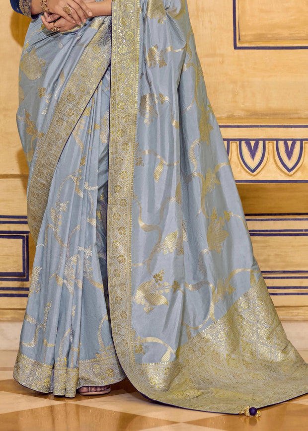 Dusk Blue Woven Banarasi Silk Saree