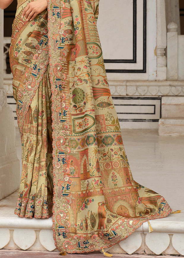 Safari Beige Designer Embroidered Silk Saree