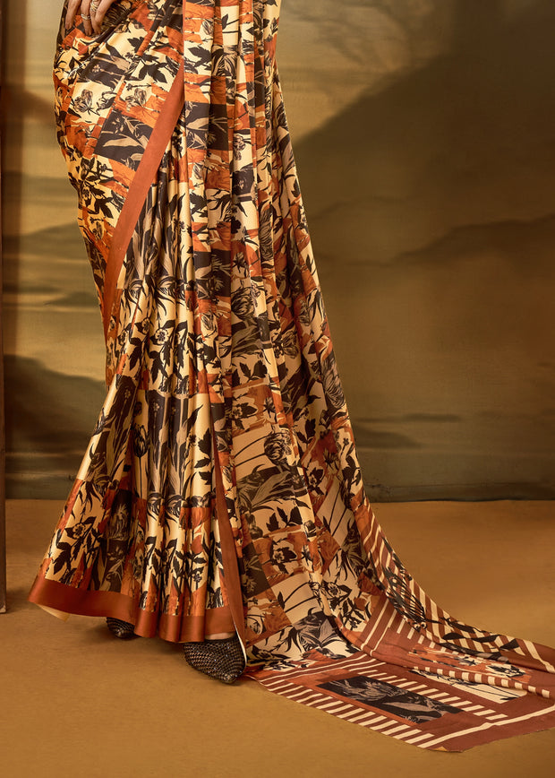 Brown And Beige Printed Satin Silk Saree