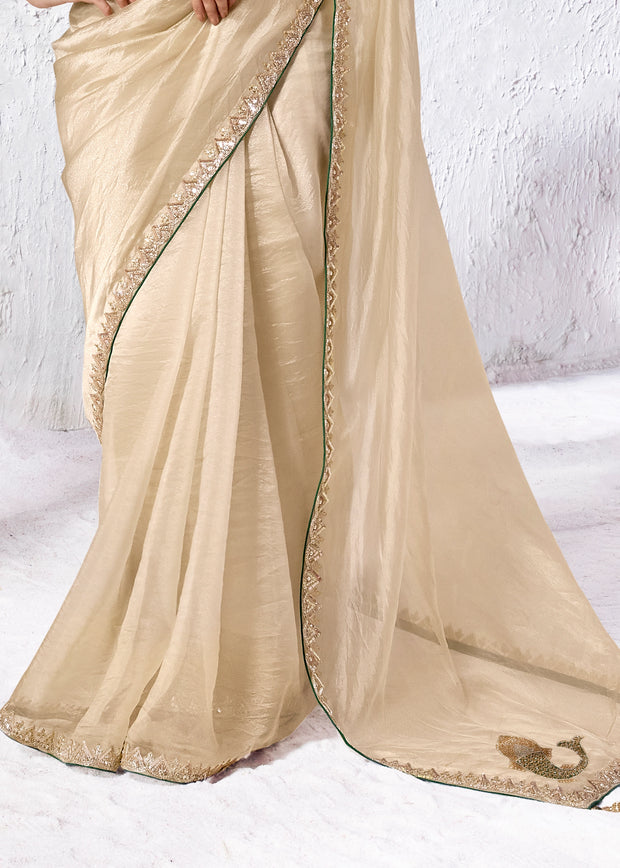 Ivory Designer Organza Silk Saree With Printed Blouse
