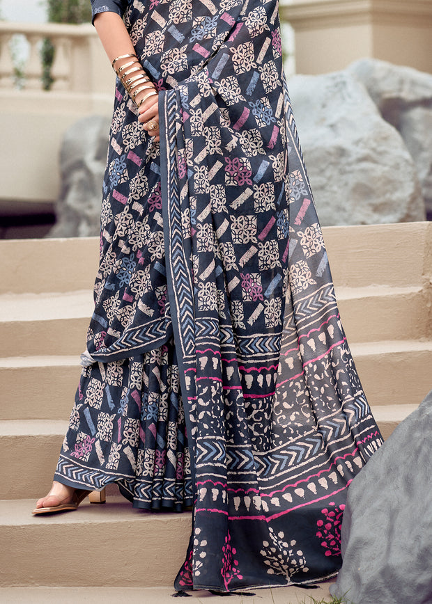 Midnight Black Printed Cotton Silk Saree