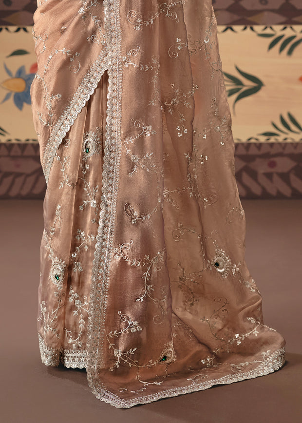 Almond Brown Embroidered Designer Saree