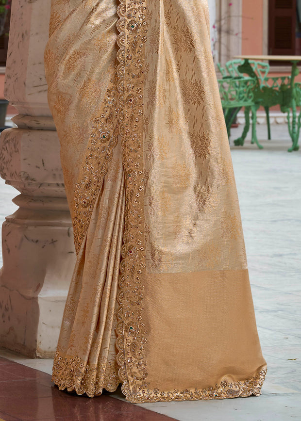Cream Gold Bead Work Kanjivaram Soft Silk Saree