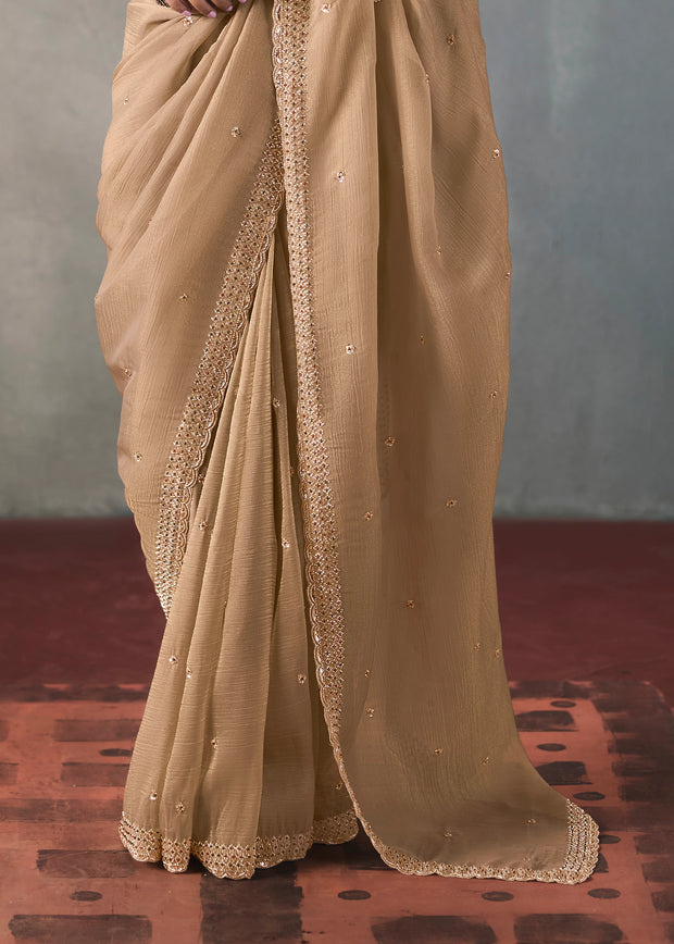 Champagne Beige Embroidered Silk Saree With Heavy Blouse