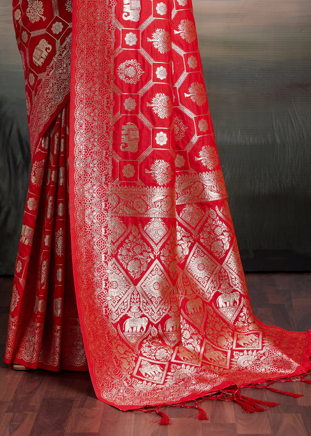 Vermilion Red Woven Banarasi Silk Saree
