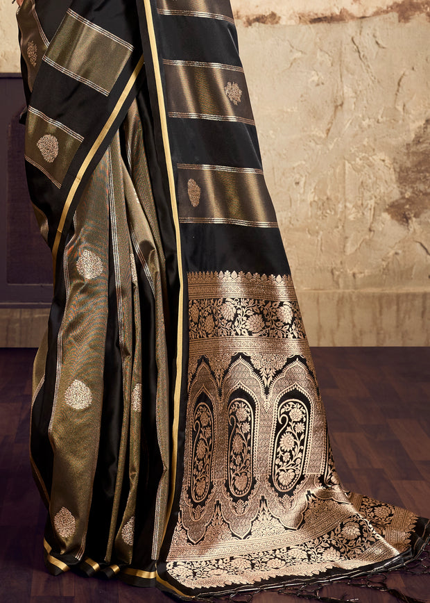 Black And Golden Rangkat Satin Silk Saree