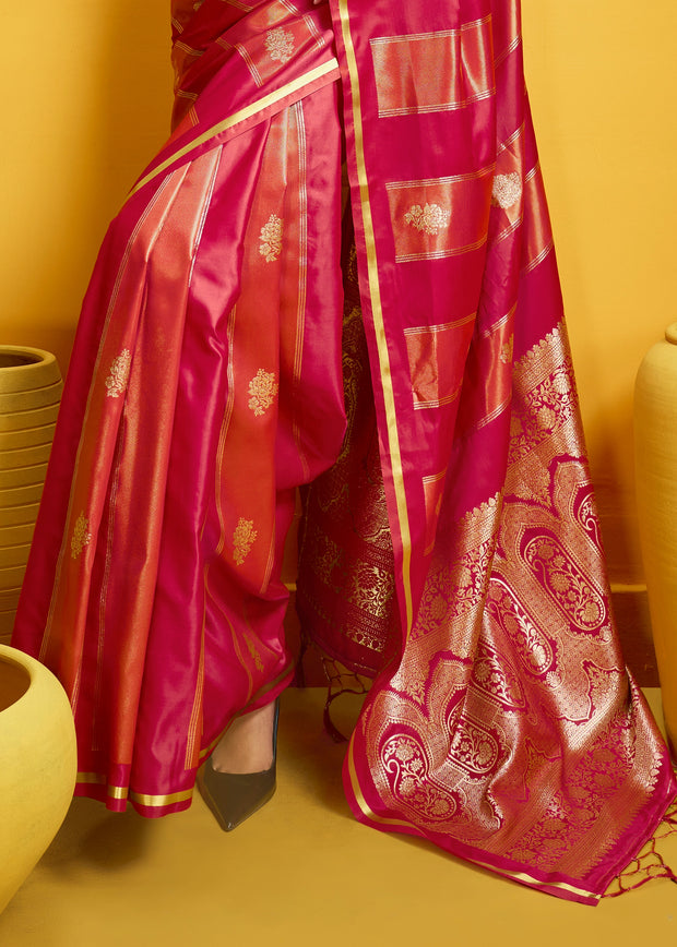 Rose Red Woven Banarasi Satin Silk Saree