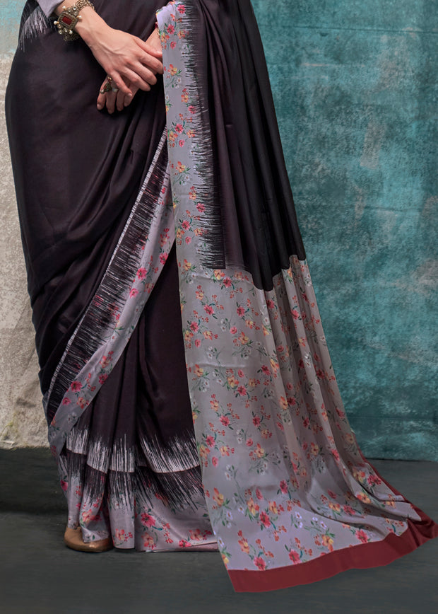 Black And Grey Satin Crepe Printed Silk Saree