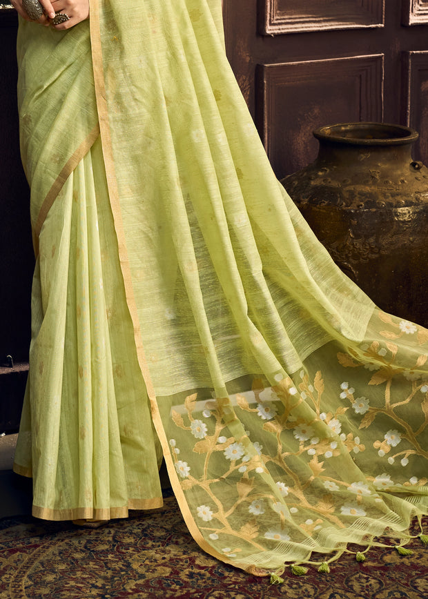 Pastel Green Woven Munga Cotton Silk Saree