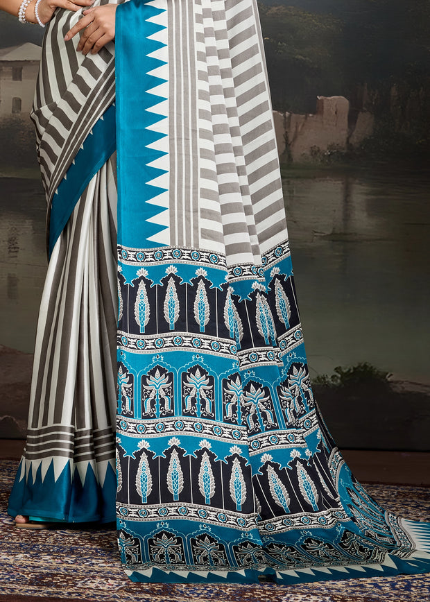 Ocean Blue And White  Printed Satin Silk Saree