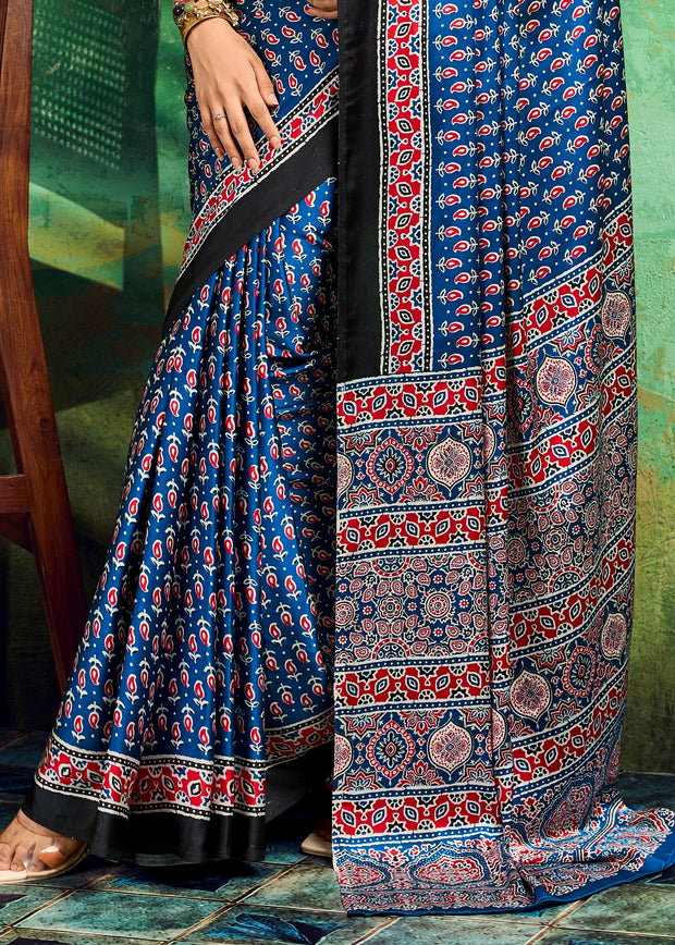 Blue Printed Satin Silk Saree
