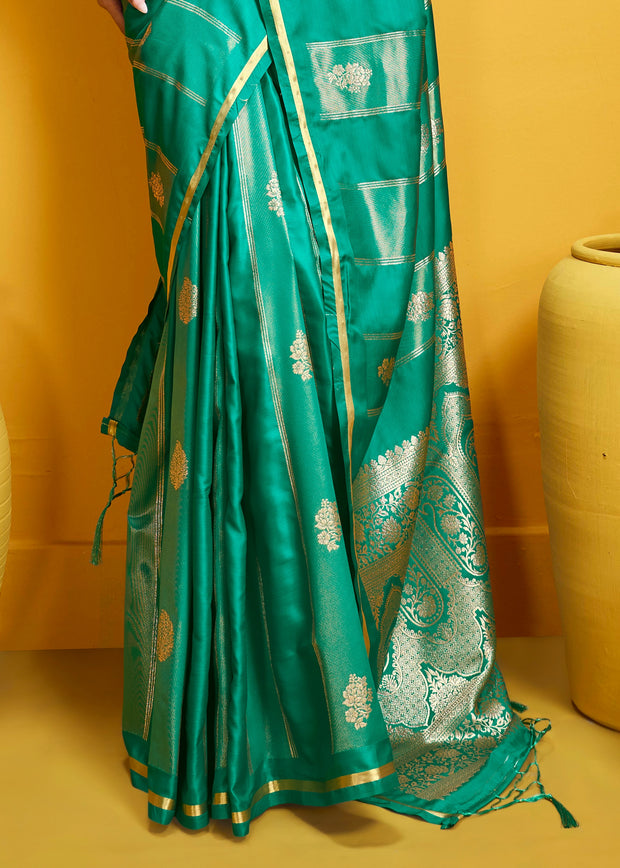 Aqua Green Woven Banarasi Satin Silk Saree