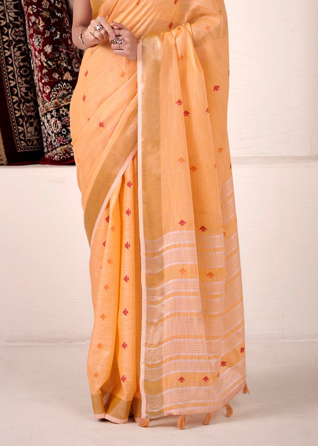 Apricot Orange Woven Linen Silk Saree