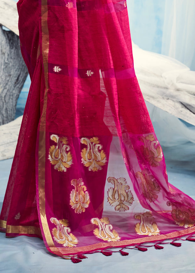 Magenta Pink Woven Cotton Silk Saree