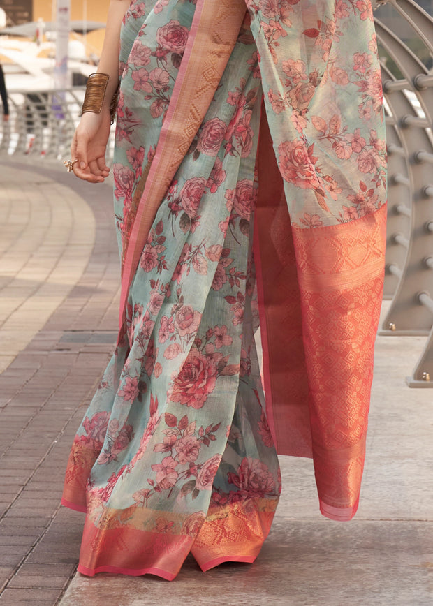 Aqua Blue Woven Banarasi Tissue Silk Saree
