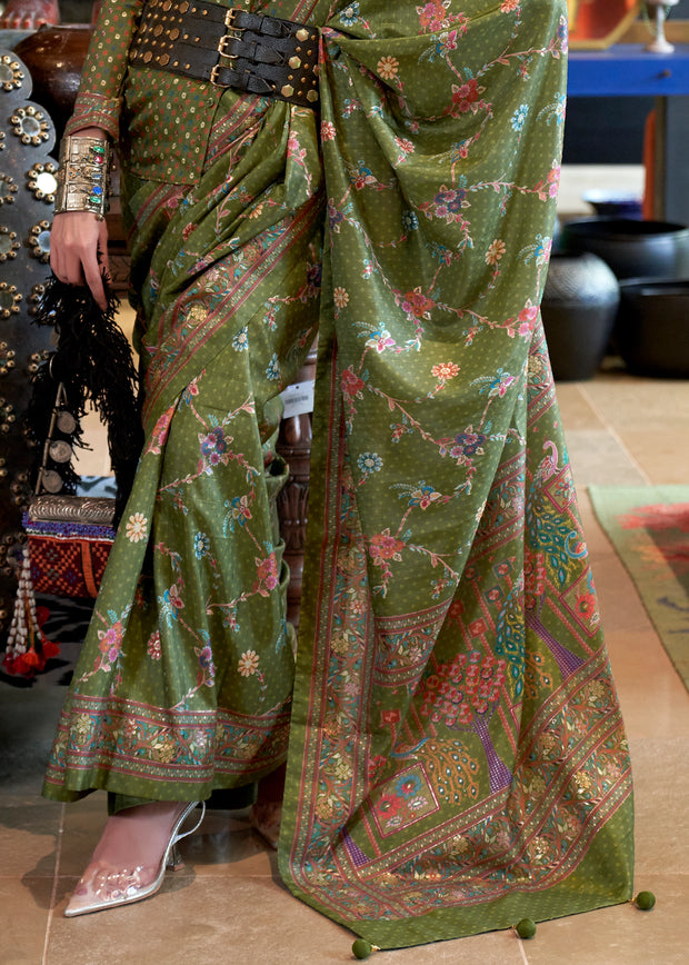 Mehndi Green Printed Soft Silk Saree