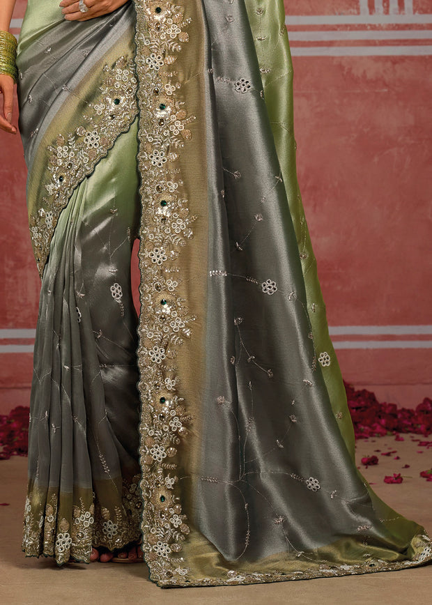 Grey and Green Embroidered Designer Saree