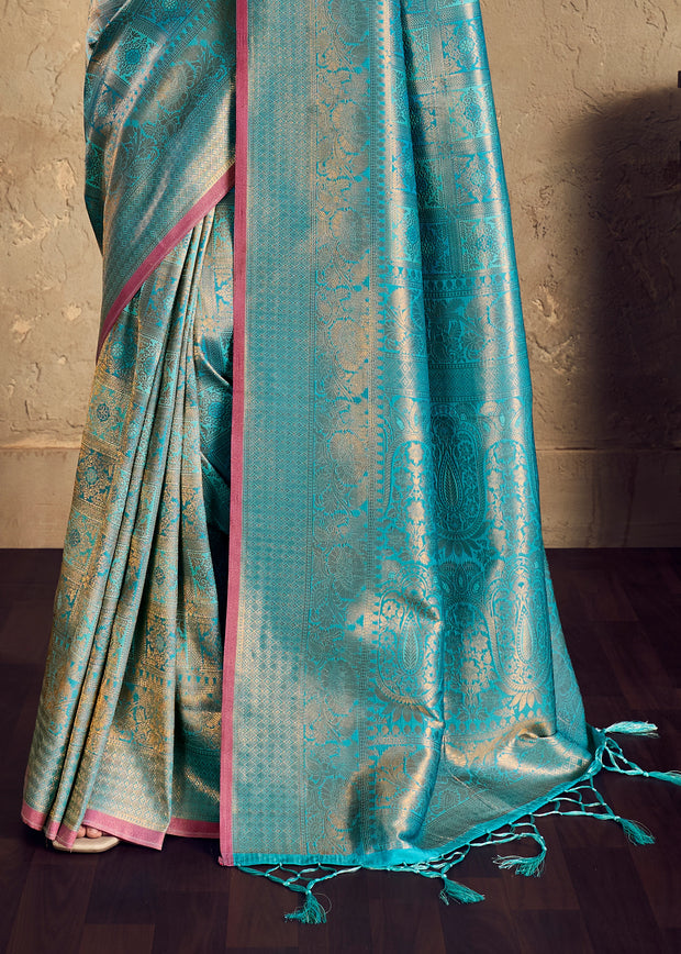 Firozi Blue Woven Kanjivaram Silk Saree