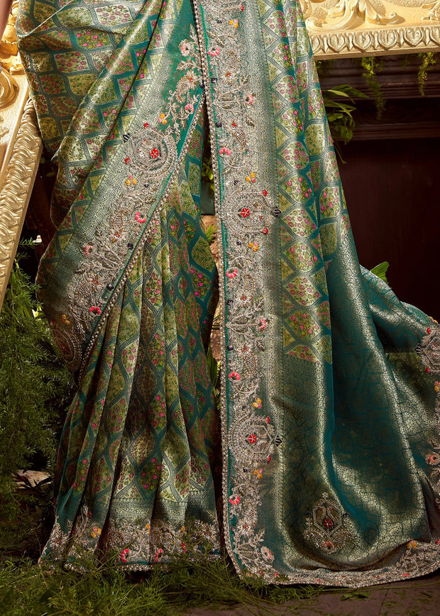 Antique Green Embroidered Designer Saree