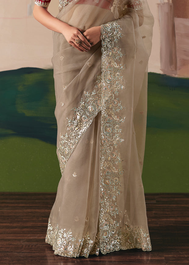 Beige Embroidered Designer Saree