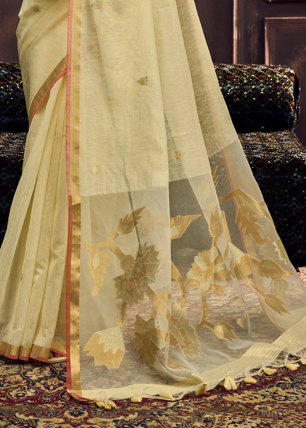Cream Yellow Woven Cotton Silk Saree