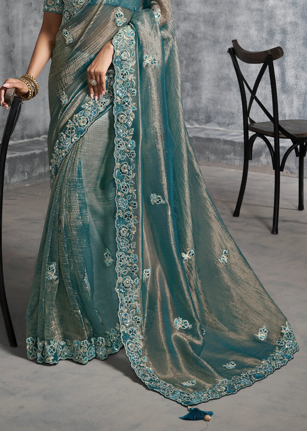Teal Blue Embroidered Tissue Silk Saree