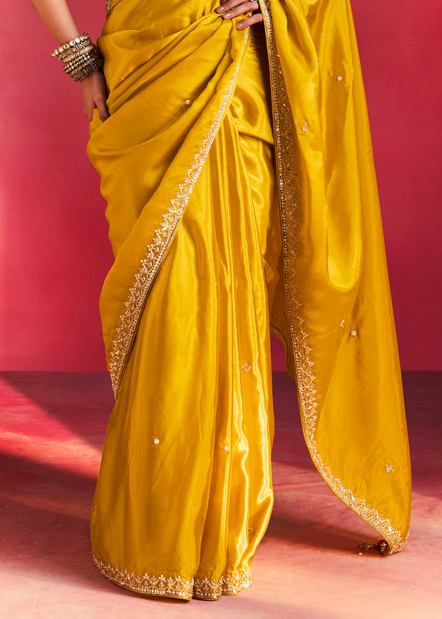 Mustard Yellow Embroidered Soft Silk Saree With Contrast Blouse