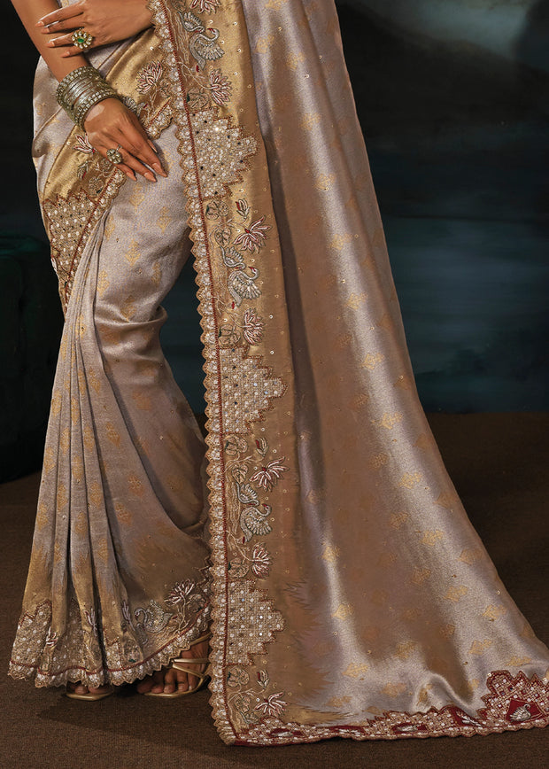 Golden Beige Embroidered Tanchoi Silk Saree