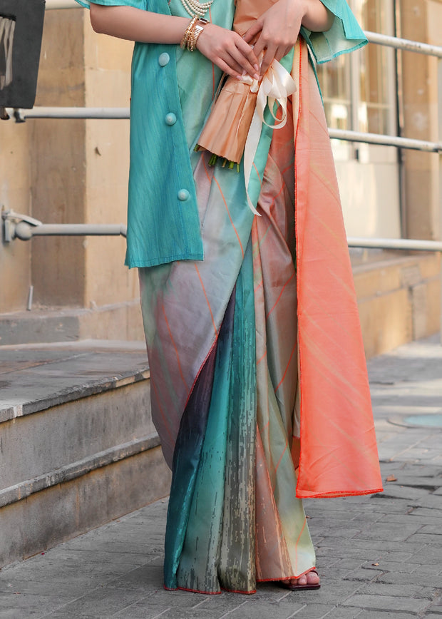 Teal Blue Digital Printed Soft Silk Saree