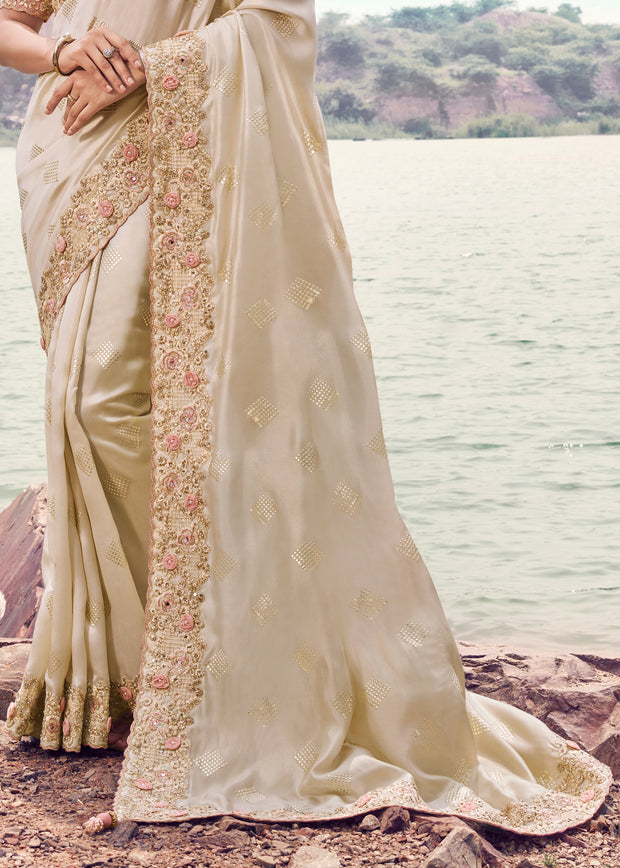 Ivory Woven Embroidered Satin Silk Saree