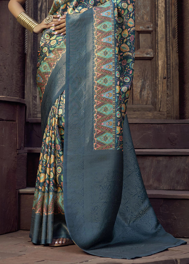 Coral Blue Floral Printed Soft Silk Saree