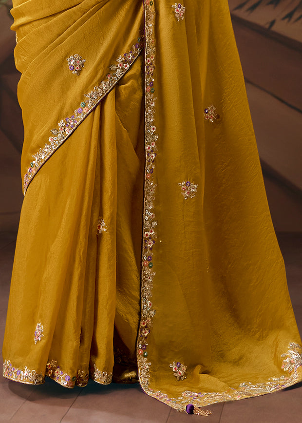Mustard Yellow Embroidered Designer Saree