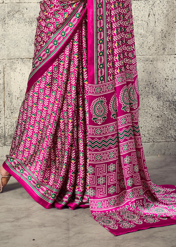 Elegant Pink Printed Satin Silk Saree